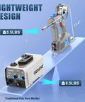 Get Heavy Duty AZZUNO 110V Handheld MIG Welder With 360 Rotating Torch Neck For Tons Of Flexibility And Smooth Flux Gasless Arc Welding In Tight Spots, showing weight comparison with traditional welder.