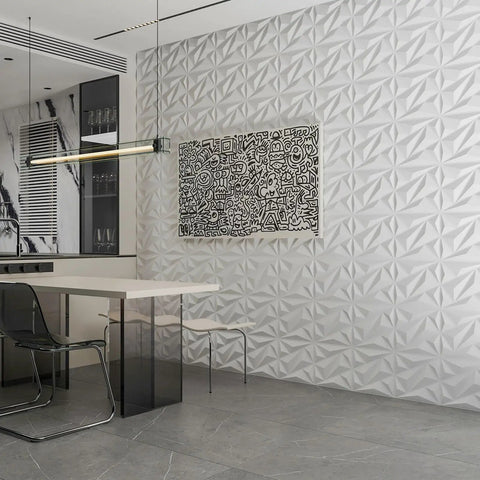 33 Pack 3D Diamond Wall Panels For Interior Decor, PVC Flower Texture Wall Panels For Living Room, Bedroom, Lobby, Hotel And Office, White 12x12 Inches Covers 32 Sq Ft, Easy DIY Accent Wall in dining area with abstract art