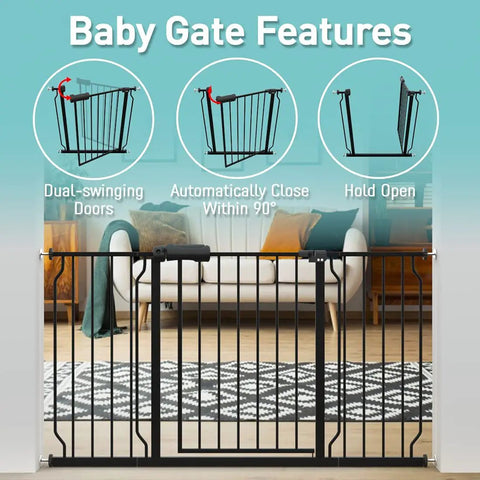 Extra Wide Walk Through Baby Gate For Stairs Doorways And Kitchen 62.19 To 66.92 Inches Adjustable Pressure Mounted Auto Close Black Metal Safety Gate For Toddlers Kids Dogs And Pets with dual-swinging feature next to a couch