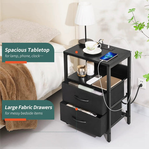 Nightstand With Charging Station And LED Light Fabric Drawers And Storage Shelf Bedside Table With USB Ports And Outlets in bedroom