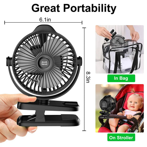 Clip On Fan With 8000mAh USB C Rechargeable Battery, Low Noise Desk Fan with portability display in bag and on stroller
