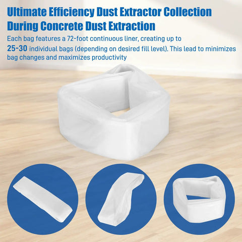 72 Ft Vacuum Dust Collection Bags 4 Pack Workhorse for Heavy Duty Concrete Jobs, shown as a continuous liner with zip ties