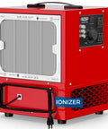 Red portable air filtration system with built-in ionizer for woodworking dust control, powerful 850 and 1050 CFM, tabletop design