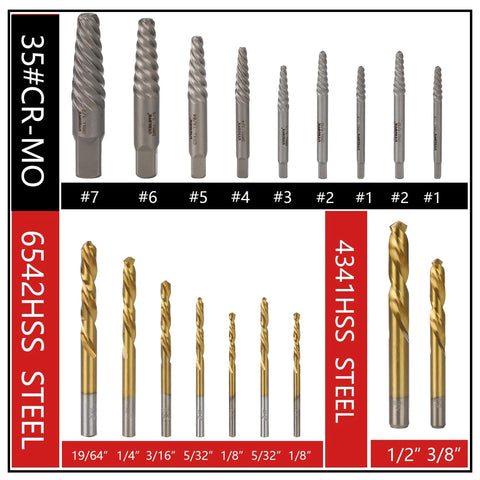 18 Piece Screw Extractor Set With Left Hand Drill Bits For Removing Broken Bolts And Stripped Screws Pro Grade Heavy Duty HSS Steel Cobalt Kit Includes Multiple Sizes For Auto Truck Home And Workshop with drill bits displayed in assorted sizes