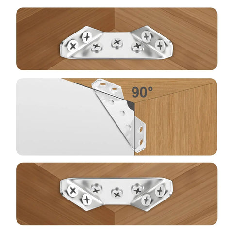 12 Pack Universal Stainless Steel Furniture Corner Connectors With Screws Includes 84 Screws For Wood Cabinets Tables Chairs Drawers And Shelving Heavy Duty Triangular Brackets Set Perfect For Do It Yourself Woodworking Projects installed on wooden surface