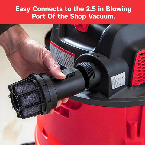 Two And A Half Inch Muffler Diffuser Replacement For Wet Dry Vacuums attached to shop vacuum blowing port
