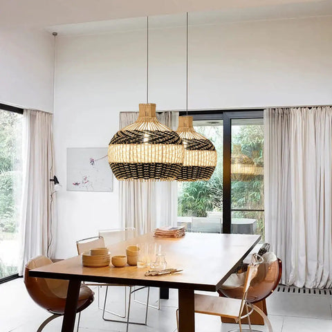 Boho Rattan Pendant Light For Kitchen Island Handmade Woven Chandelier In Black And White Coastal Rustic Lamp in dining room setting.
