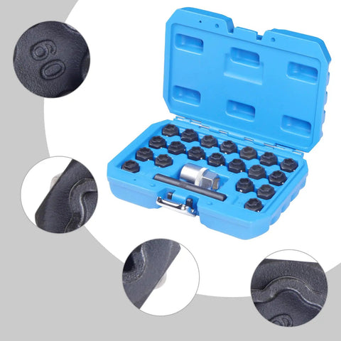 22-Piece Wheel Locking Nut Key Kit Remover Set For BMW F-Series With Extended Rod And Ergonomic Handle To Snatch Stolen Lug Nuts Easily Without Breaking A Sweat, blue case open