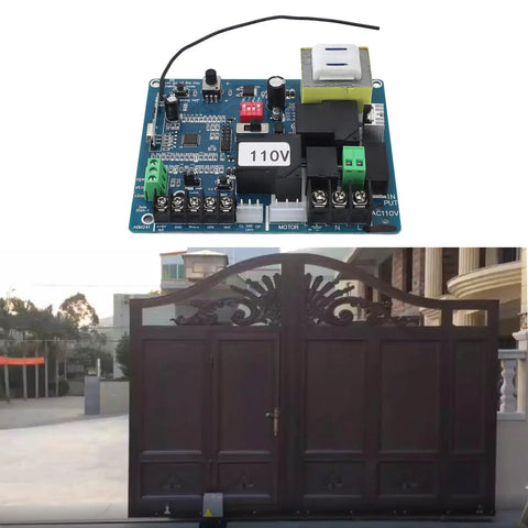 Sliding Gate Opener Circuit Board With Remote Control Advanced Microcomputer Control No Hassle Plug And Play Setup For Factories Schools And Homes 110V Gate Automation System With Two Remotes shown with double gate