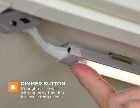 Dimmer button on Under Cabinet LED Lighting Kit With Motion Sensor, 3 Slim Bars At 9 Inches Each, 10 Dimmable Levels, Warm White 2700K