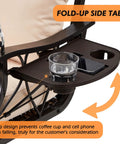 Three Person Wicker Porch Swing With Cup Holder showing close-up of fold-up side table with glass and phone holder.