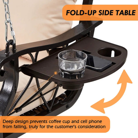 Three Person Wicker Porch Swing With Cup Holder showing close-up of fold-up side table with glass and phone holder.