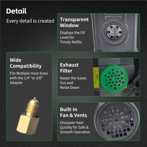 Details of the Heavy Duty One Third Hp Hvac Vacuum Pump And Four Way Ac Manifold Gauge Kit, showing filter and adapters.