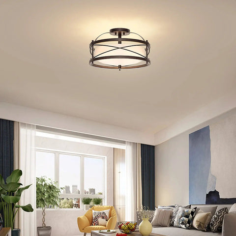 Semi Flush Mount Ceiling Light For Farmhouse Hallway And Kitchen, Retro Vintage Metal Cage Drum Fixture With E26 Base in living room.