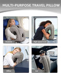 Inflatable Travel Pillow With Chin Support And Eye Mask Earplugs All In One Ergonomic Neck Pillow For Airplanes Or Office Naps in use.