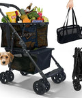 Folding Shopping Cart And Heavy Duty Pet Carrier 110 Lbs 2 In 1 Personal Cart loaded with groceries and pet in basket