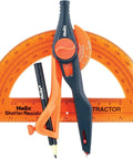 Slick Twist Lock Compass And Protractor Set For Precise Geometry Drafting featuring a black compass, orange protractor, and pencil