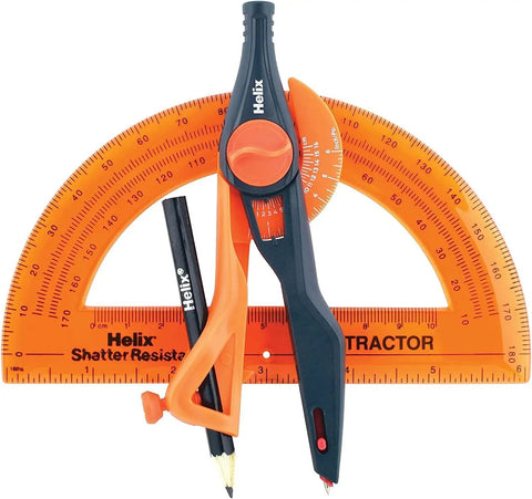 Slick Twist Lock Compass And Protractor Set For Precise Geometry Drafting featuring a black compass, orange protractor, and pencil