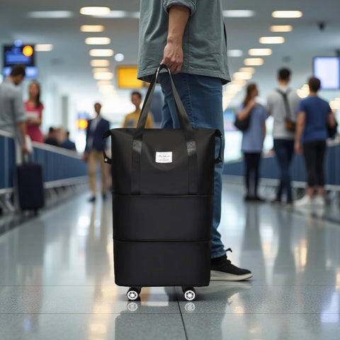 Duffel bag side view, Amazon expandable foldable 64L black with spinner wheels