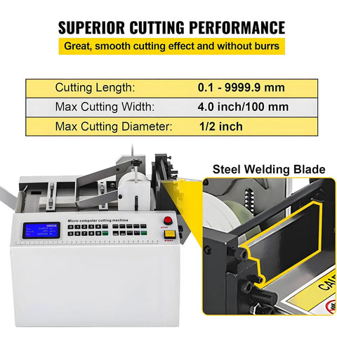 Essential Auto Electric PVC Heat Shrink Tube Cutter with specifications for cutting lengths and widths, showcasing steel welding blade.