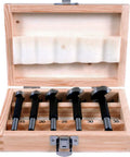 Heavy Duty Forstner Bit Set Five Piece Precision Wood Drill Tools Fifteen To Thirty Five Mm in a wooden box.