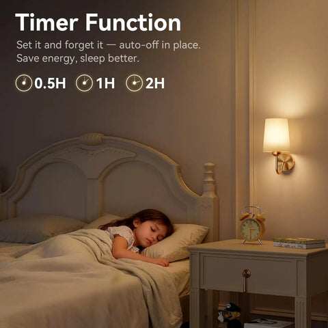 Top Shelf Battery Operated Wall Sconces Set Of Two With Remote Control Smart Rgb Bulbs In Matte Gold Rechargeable Wireless Reading Light Brings Hella Fresh Vibe To Your Space, timer function displayed beside a child sleeping.