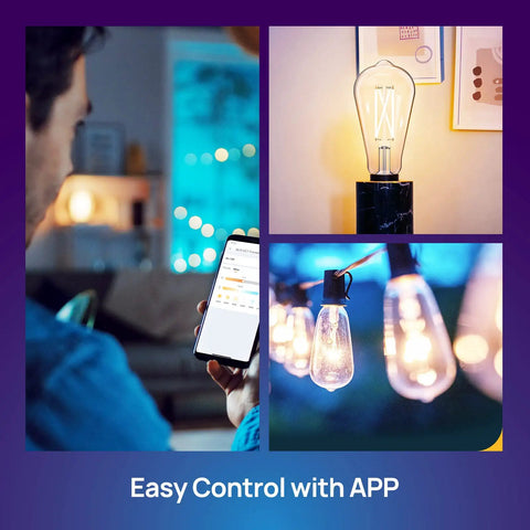 Smart Edison Bulbs Tunable Dimmable 2700K to 6500K Amber Warm and Cool White WiFi E26 LED Filament Bulbs used with app.