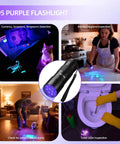 Tiny But Mighty Portable UV Black Light Flashlight With 12 LEDs showing stains, pet urine, scorpions, and currency verification use