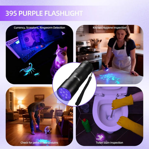 Tiny But Mighty Portable UV Black Light Flashlight With 12 LEDs showing stains, pet urine, scorpions, and currency verification use