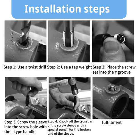 Installation steps for 15-Piece Thread Insert Repair Kit For M14x1.5 Female Threads With Drill, Tap, Wrench