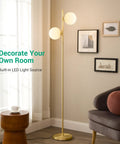 Mid Century Modern Floor Lamp With Built In LED Gold Globe, Stepless Pedal Dimmer, Two Frosted Glass Shades, Tall Corner Lamp