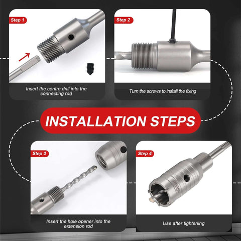 REKCKRUL 2-inch concrete hole saw with SDS Plus, installation steps: center drill, screws, extension rod