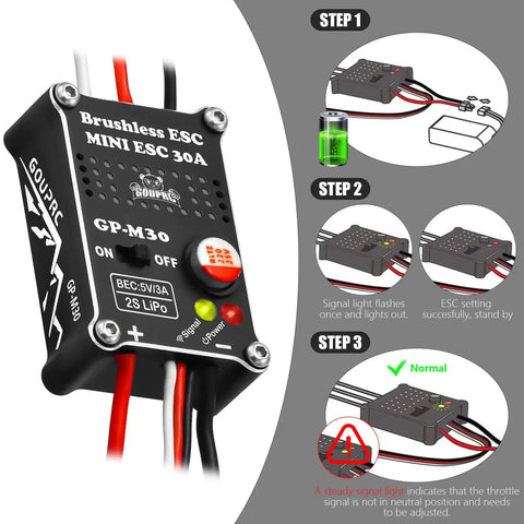 Diagram showing installation steps for 30A ESC for 1224 4500KV Brushless Outrunner Motor With Mount And 30A ESC Upgrade For SCX24