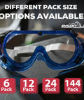 Badass Kids Safety Goggles With Ultra Clear Anti Fog Lenses And Impact Resistant Frame For Science Lab and Woodworking Crafts Comes In A Sweet 144 Bulk Case Pack displayed with pack size options.