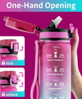 Close-up of pink 32oz Motivational Water Bottle With Time Marker And Straw, BPA Free Tritan Sports Bottle showing lock mechanism.