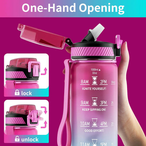 Close-up of pink 32oz Motivational Water Bottle With Time Marker And Straw, BPA Free Tritan Sports Bottle showing lock mechanism.
