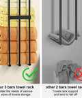 Comparison of a Super Sturdy Steel Towel Rack Wall Mount For Small Bathrooms with three bars supporting rolled towels and a 2-bar rack.
