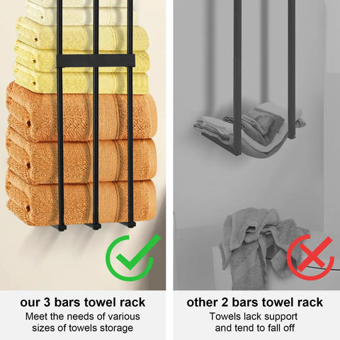 Comparison of a Super Sturdy Steel Towel Rack Wall Mount For Small Bathrooms with three bars supporting rolled towels and a 2-bar rack.
