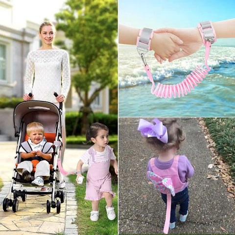3 In 1 Toddler Harness Leash Set With Anti Lost Wrist Link For Girls And Boys, pink and secure, used in various settings.