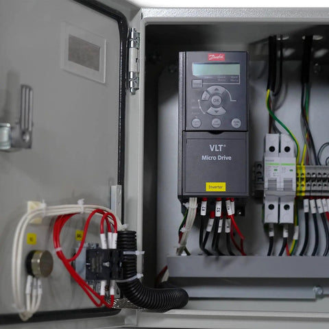 VLT Micro Drive inverter inside electrical cabinet for Tank Built 18 Foot HVLS Industrial Ceiling Fan 208 To 240V.