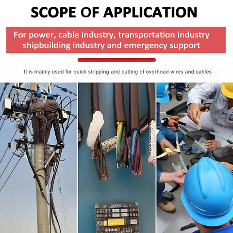 Scope of application for Premium Cordless Electric Wire Stripper Machine; shows usage in cable industry and emergency support.