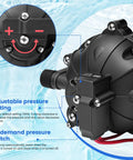 Close-up of Premium 12 Volt Diaphragm Water Transfer Pump adjustable pressure setting and on-demand pressure switch.