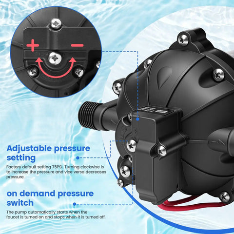 Close-up of Premium 12 Volt Diaphragm Water Transfer Pump adjustable pressure setting and on-demand pressure switch.