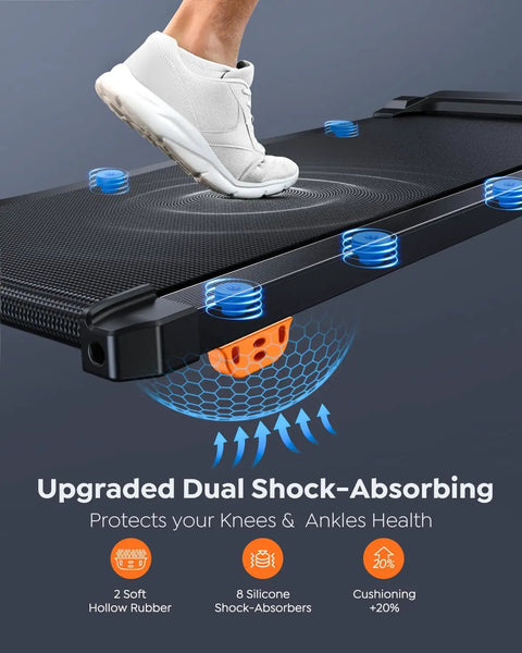 Close-up of Walking Pad Treadmill With 10 Percent Incline For Home Office And Under Desk Use highlighting dual shock-absorbing feature