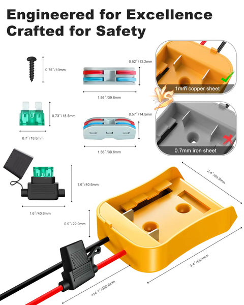 2 Pack 20V Battery Adapter For Power Wheels Battery Conversion Upgrade Kit with 30A Fuses, 12AWG Wire, and Dimensions