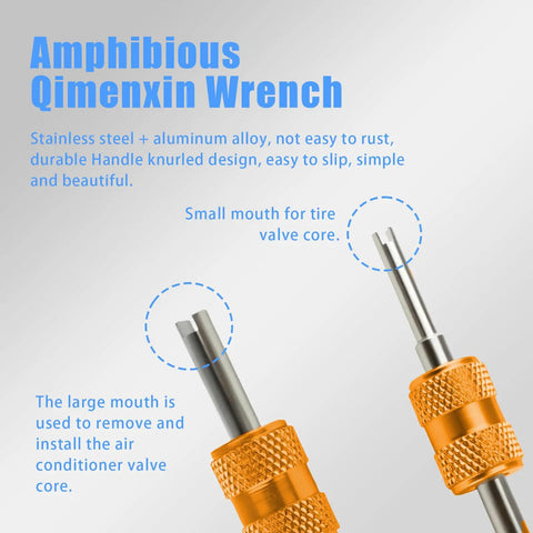 Amphibious Qimenxin Wrench showing stainless steel tips and orange knurled handles for tire and air conditioner valve cores.