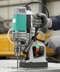 Close-up of 1550W Magnetic Drill Press 2 Inch Boring Diameter Reversible Direction Power Tool Featuring Copper Motor in use.