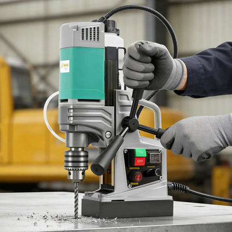 Close-up of 1550W Magnetic Drill Press 2 Inch Boring Diameter Reversible Direction Power Tool Featuring Copper Motor in use.