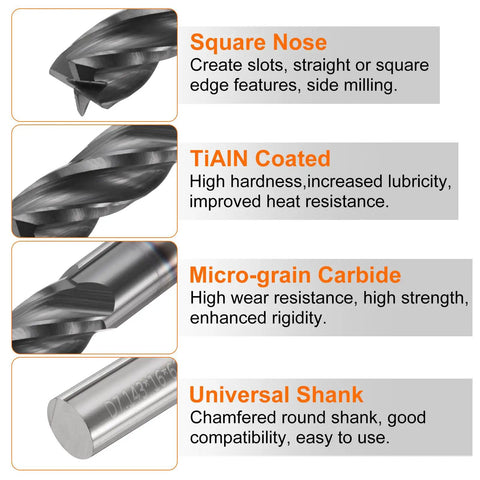 Carbide Square Nose End Mill Bit 9/32 Inch Cut Diameter 9/32 Inch Shank 5/8 Inch Cut Length 2-7/16 Inch Overall Length 4 Flutes TiAlN Coated