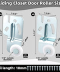 Diagram showing sliding closet door roller size with screws, part of Eight Piece Closet Sliding Door Hardware Roller Kit With Sixteen Screws For Top Hung Bypass Closet Doors And Kitchen Doors Replacement Wardrobe Wheels Including One Quarter Inch Thick And One Half Inch Thick.